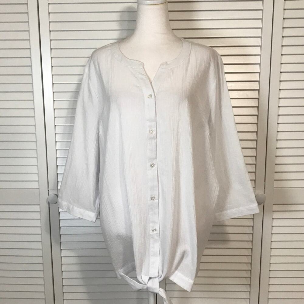 Blair White Y2K Collarless Button-Down Front Tie Relaxed Fit Tunic Women 2XL